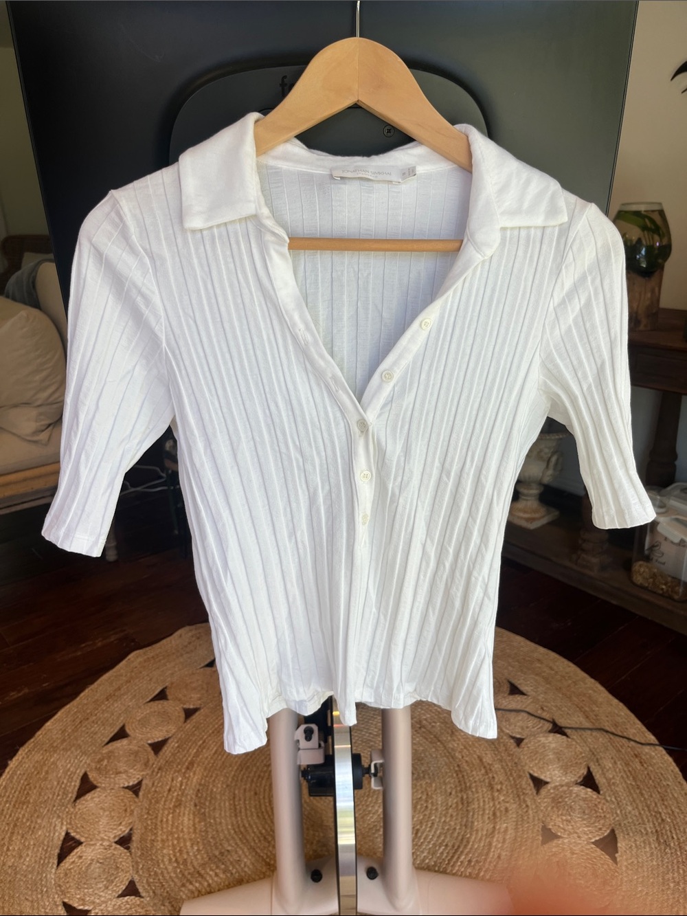 Jonathan Simkhai White Ribbed Button-Front Polo Top